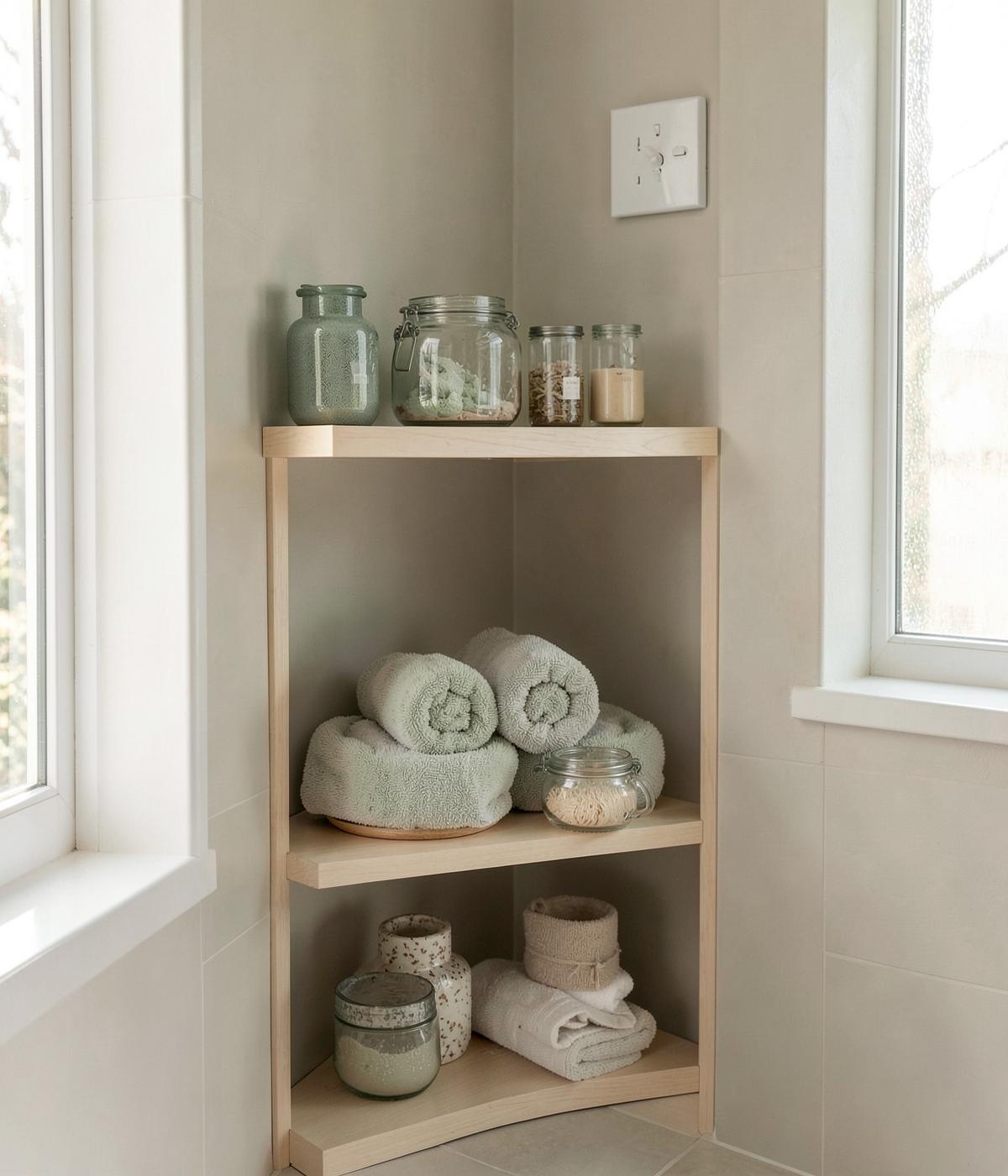 Corner bathroom shelf with rolled towels and glass jars